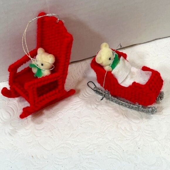 Set of 2 Holiday Crochet Bear Rocking Chair Baby Sleigh Ornaments Handcrafted - Picture 3 of 16